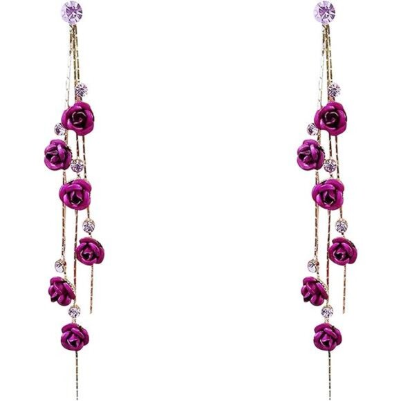 3D Rose Flower Crystal Long Tassel Drop Earrings - Picture 2 of 6
